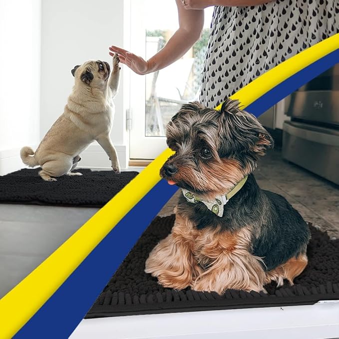 Muddy Mat® Pack of 3 Highly Absorbent Microfiber Dog Door Mat and Pet Rug, Non Slip Thick Washable Area Mat Soft Chenille for Kitchen Bathroom Bedroom and Outdoor - Black Small, Medium & Large