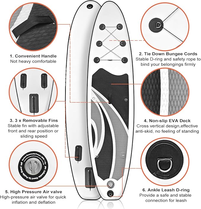 Inflatable Stand Up Paddle Board 10‘x30‘‘- Ultra-Light SUP with Backpack, Pump, Paddle, Coil Leash, 3 Fins, Repair Kit, Stable Design, Non-Slip EVA Deck for Adults & Youth