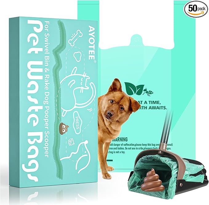 Compostable Dog Poop Bags for Swivel Bin & Rake Dog Pooper Scooper, AYOTEE Heavy Duty Poop Bags for Dogs Biodegradable,Tear-Free Large Dog Bags for Poop 50 Packs, Dog Waste Bags with Handles, Green