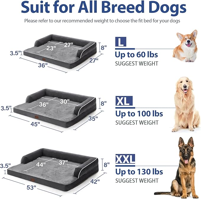 Orthopedic Dog Beds for Large Dogs, Waterproof Dogs Beds, Memory Foam Dog Couch Beds, Comfy Bolster Pet Beds with Removable Washable Cover, Nonskid Bottom (Large, Dark Grey)
