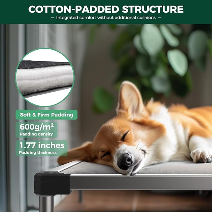 FXW TitanNest Chew-Proof Elevated Dog Bed, Raised Cot for Indoor/Outdoor/Camping Use, Durable & Washable Padded Pet Bed with Exclusive Reuseable Cover for Large Dogs, 50.0" L x 31.0" W x 7.3" H, Gray