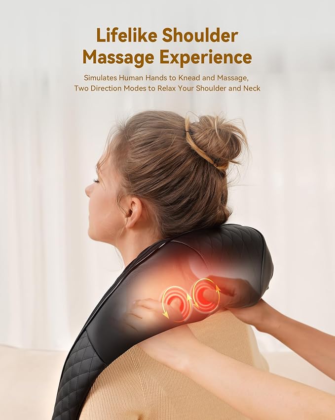 Shiatsu Neck and Shoulder Massager with Heat, Electric Deep Kneading Massage for Back, Shoulder, Leg, Body Muscle Pain Relief, Gift for Women Men Mom Dad, NOT Cordless, (with Leather Handbag)