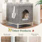 Cat Litter Box Enclosure Hidden Litter Box Furniture with Metal Heightened Feet, Rattan Handwoven Cat House with Litter Mat, Hidden Litter Box Furniture for Bedroom Living Room Gray