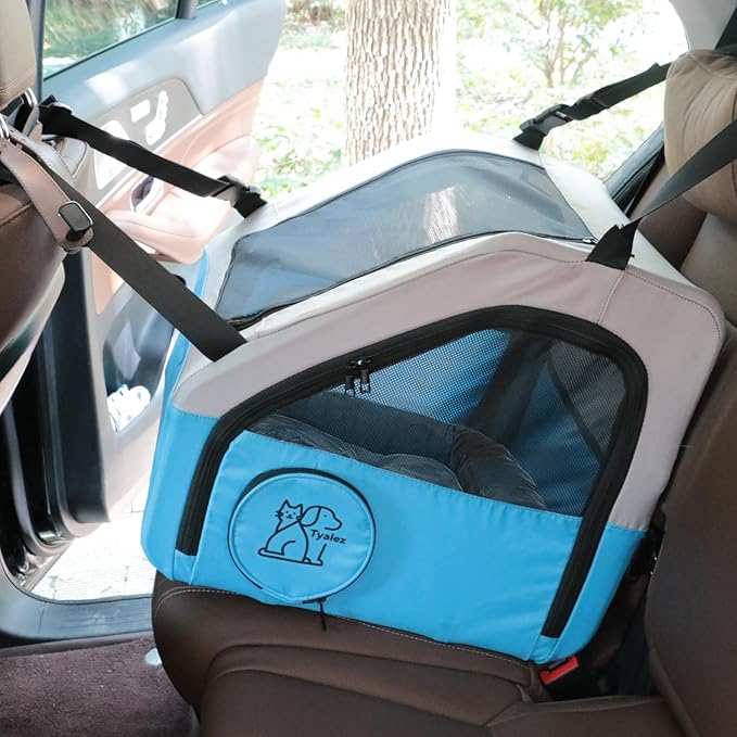 Small Portable Pet Crate for Car Travel, 19"x19"x17" Foldable Dog & Cat Carrier with Secures Seatbelt & Headrest Strap, Oxford Soft-Sided Pet Kennel with Removable Bed for Small Pets
