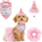 SCENEREAL Dog Birthday Bandana Hat with Dress Girl Set Party Supplies Plaid Puppy Birthday Outfit Cute Dog Tutus for Small Medium Lage Dogs, Pink Plaid