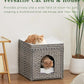 Cat Beds for Indoor Cats Extra Large Double Cat Cave Pet Cube, Handwoven Rattan Cat Houses with Double-Sided Soft Cushions, 18.5 x 20.5 x 19.1 Inches Foldable Hideaway in Living Room Gray