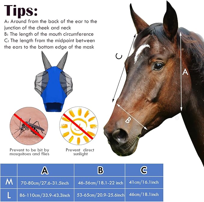 Frienda 4 Pcs Horse Fly Masks with Ears Head Fly Masks for Horses Smooth Elastic UV Protection Cover from Summer Insect Pests(Medium,Black, Gray, Blue, Mint Green)