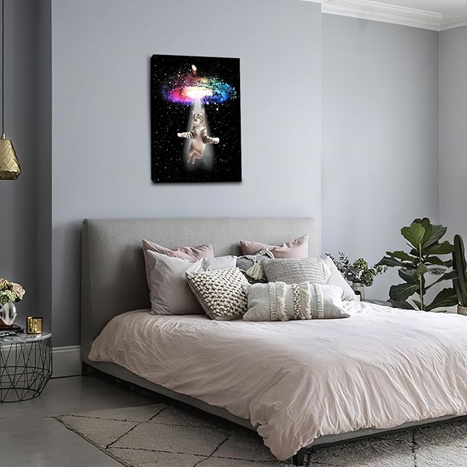 Funny Cat Wall Art Canvas Galaxy Wall Decor Prints Framed Painting Animal Pictures Gifts Artwork for Bathroom Living Dining Kitchen 16"x24"