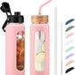 Kodrine Water Bottle with Straw, 24 oz Glass water Bottle with 2 Lids Bamboo Straw Lid and Spout Lid with Handle, 32 oz Clear Water Bottle Glass for Sports Travel, Waterbottle with Time Marker