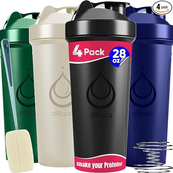 4 PACK, 28 oz Shaker Bottles with Powerful Wire Whisks for Protein Mixes | Leakproof Blender Shaker Bottle Pack with cleaning sponge | BPA-Free & Dishwasher Safe | Protein shaker bottle