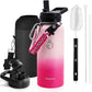 Insulated Water Bottle 32 oz, Triple Wall Vacuum Stainless Steel (Cold for 48 Hrs), Leak Proof & Non-BPA, Modern Water Flask Jug with Paracord Handle & Straw Spout Lids, Ombre Pink