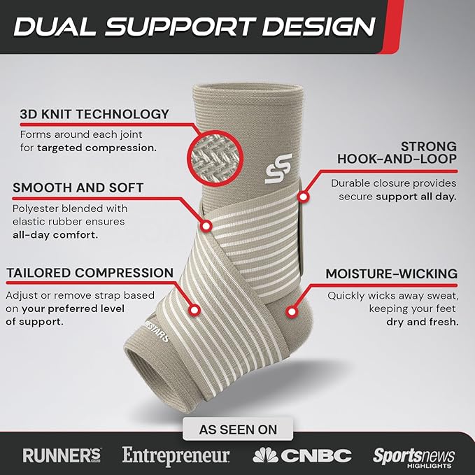 Sleeve Stars Ankle Brace for Women & Men, Ankle Wrap for Sprained Ankle, Compression Sleeve for Plantar Fasciitis Relief, Easy Customizable Support: w/Removable Strap (Single/L:12"-13"/Beige)