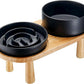Ceramic Slow Feeder and Water Bowl Set for Small Dogs, Ceramic Dog Bowls Elevated with Wooden Stand, 0.6 Cups Dog Slow Feeder(14oz) and 30oz Water Bowl Set, Black