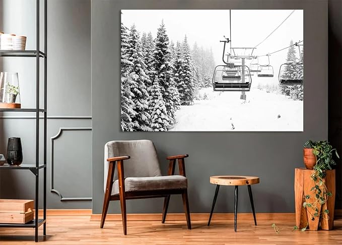 Nature Wall Art Prints - Ocean Forest Mountain Lake Canvas Landscapes - Small to Extra Large Living Room Bedroom Kitchen Bathroom Décor (Ski Lift on Snowy Mountain, 16L" x 24W")