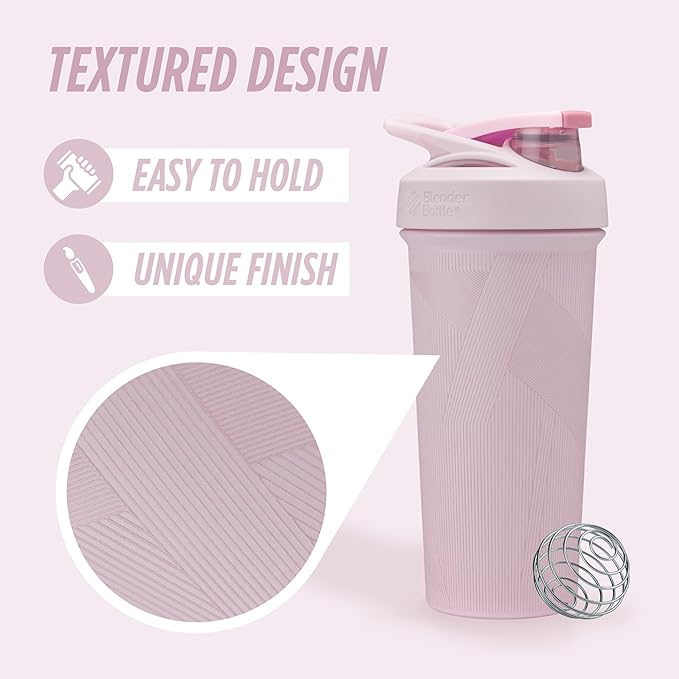 BlenderBottle Strada Shaker Cup Insulated Stainless Steel Water Bottle with Wire Whisk, 25-Ounce, Pink Stripes