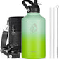 BUZIO 64oz Insulated Water Bottle, Triple Wall Stainless Steel (Cold for 48 Hrs) Leakproof Half gallon Jug/Flask with Straw Lid and Carry Bag for Sports Hiking, Camping, Gradient Green
