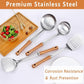 Pleafind 4-Pcs Cooking Utensils Set, Stainless Steel Kitchen Utensils with Wooden Hanlde, Kitchen Essentials Set Include Wok Ladle, Slotted Spoon, Wok Spatula and Slotted Spatula, Dishwasher Safe