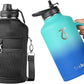 Trebo Half Gallon Water Bottle Insulated with Handle, 64 oz Double Wall Stainless Steel Metal Large Jug, Travel Flask with Straw Spout Lid, Mug Tumbler Cup with Carry Pouch, Keep Cold Hot, Blue