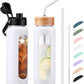 Kodrine Water Bottle with Straw, 24 oz Glass water Bottle with 2 Lids Bamboo Straw Lid and Spout Lid with Handle, 32 oz Clear Water Bottle Glass for Sports Travel, Waterbottle with Time Marker