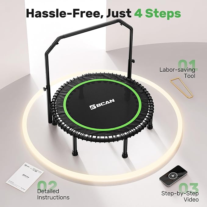 BCAN 40"/48" Rebounder Trampoline for Adult, 450/550LBS Fitness Trampoline with Bungees, Adjustable Handle, Stable & Quiet, Indoor Outdoor, Whole-Body Workout & Relaxation at Home for Women/Men