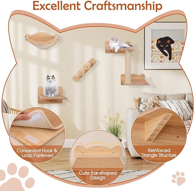 Tangkula Cat Wall Shelves, Wall Mounted 4pcs Kitten Furniture Set with Hammock, 2-Step Kitty Tree, Perch, Non-Slip Carpet Mat, Sisal Stairs & Scratching Posts, Wooden Cat Climber Steps (Natural)