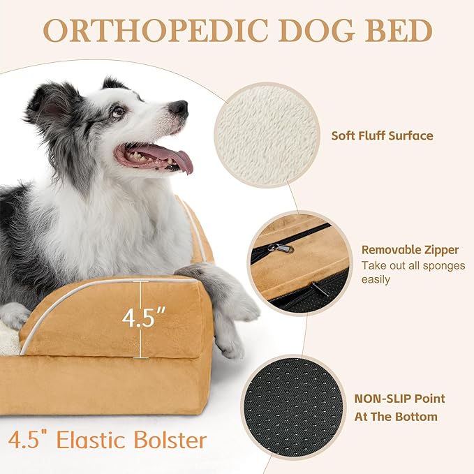 Comfort Expression Large Dog Beds Waterproof, Orthopedic Dog Beds for Large Sized Dogs, Comfy Pet Bed Sofa with Washable Removable Cover & Non-Slip Bottom(Khaki)