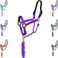 Majestic Ally Leather Halter with Matching Lead Rope for Horses – Leather Breakaway Crown - Adjustable Chin Strap – Rolled Throat Latch – Padded Noseband – Full (Purple, Full)