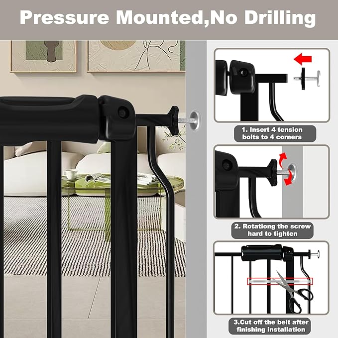Narrow Baby Gate for Doorways Stairs, 24-29" Wide Pressure Mounted Walk Through Metal Auto Close Safety Child Gatesfor Kids or Pets, Black