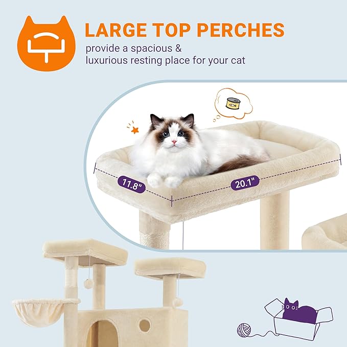 Allewie 81 Inches Tall Cat Tree/Multi-Level Large Climbing Tree House and Towers for Big Feline/Condo and Hammock/Scratching Post/Wide Base/Beige