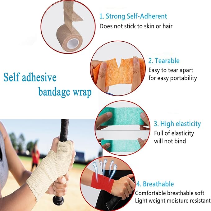 Self Adhesive Tape Wrap 8 Rolls,Non-Woven Self Adherent Vet Wrap Tape,(2 in+1 in) x 5 Yard | Cohesive Bandage Tape for Wrist & Ankle,Elastic Grip Cover (6Color-Mixed)