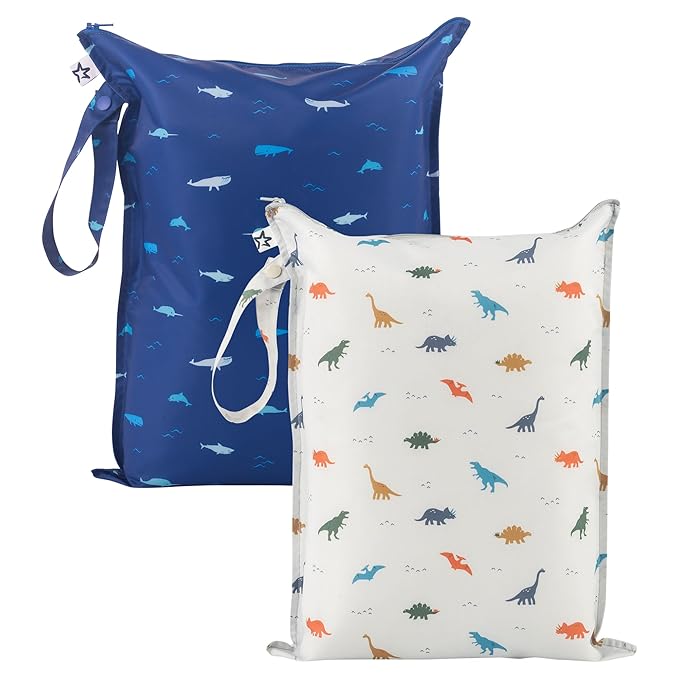 Tiny Twinkle Mess-Proof Waterproof Wet Dry Bag | 2-Pack Reusable Wet Bags for Swimsuits & Baby Clothes | Leakproof Wet Bag for Travel & Diaper Changes for Baby (Dinosaur, Ocean Life)