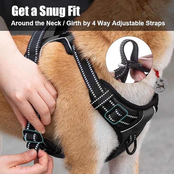 PoyPet No Pull Dog Harness, Reflective Comfortable Vest Harness with Front & Back 2 Leash Attachments and Easy Control Handle Adjustable Soft Padded Pet Vest for Small to Large Dogs (Black,M)