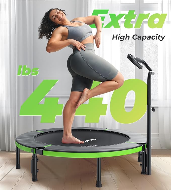 BCAN 40"/48" Foldable Mini Trampoline, Rebounder Trampoline for Adults, U/T Shape Adjustable Foam Handle, Exercise Rebounder for Adults Indoor/Garden Workout, Max Load 330lbs/440lbs