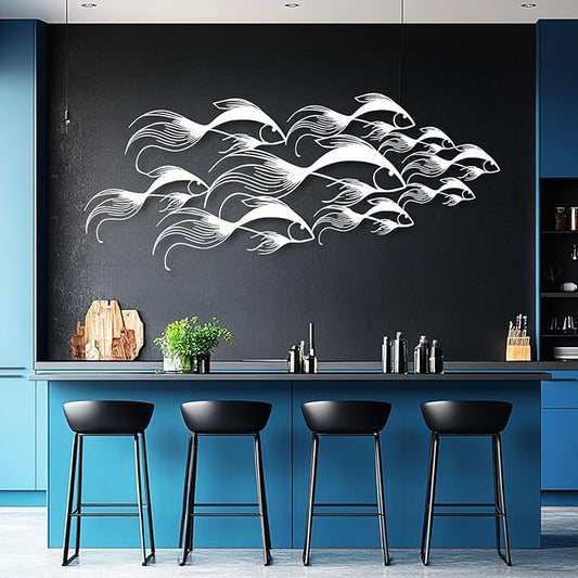 School of Fish Metal Wall Art, Metal Fish Wall Decor, Sea Life Wall Art, Large Nautical Wall Hanging, Modern Beach House Wall Decor, Ocean Themed Artwork for Bathroom (White, 35"x15" | 90x38cm)