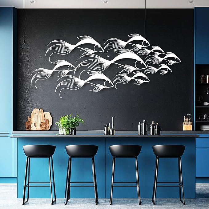 School of Fish Metal Wall Art, Metal Fish Wall Decor, Sea Life Wall Art, Large Nautical Wall Hanging, Modern Beach House Wall Decor, Ocean Themed Artwork for Bathroom (Black, 53"x22" | 135x57cm)