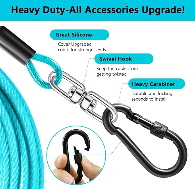 Dog Tie Out Cable 15FT-500Lbs,Heavy Duty Dog Leads&Tether for Yard with Swivel Hook,Small Large Dogs Leash Line for Outside,Rust Chew Proof Dogs Run Cable for Outdoor Camping (Teal, 15FT)
