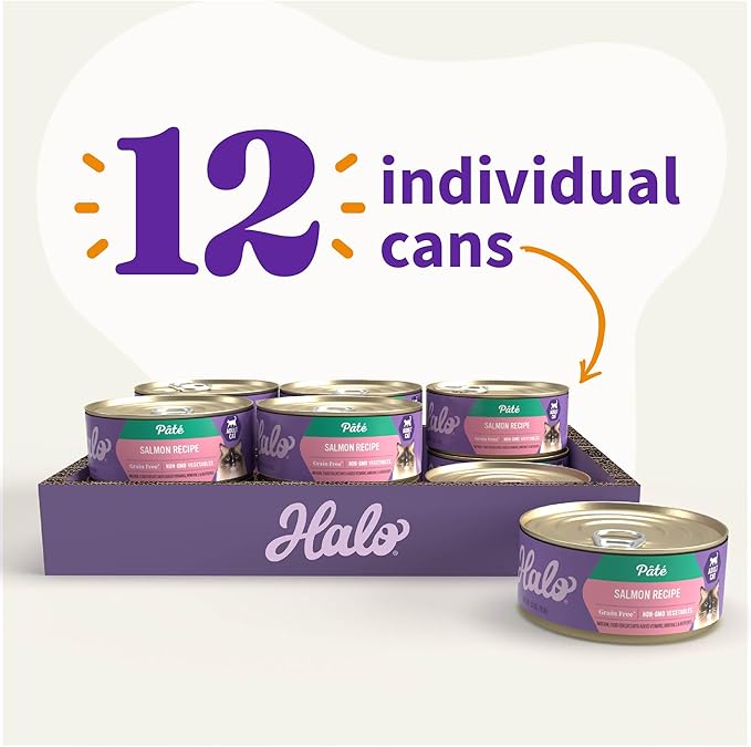 Halo Purely For Pets Halo Indoor Wet Cat Food, Grain Free, Salmon Pate, 5.5 Ounce (Pack of 12)