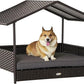 PawHut Wicker Dog House Outdoor with Canopy, Rattan Dog Bed with Water-Resistant Cushion, Raised Dog Bed for Small, Medium Dogs up to 66 lbs, 19.75" in Length, Brown Wicker, Gray Cushion