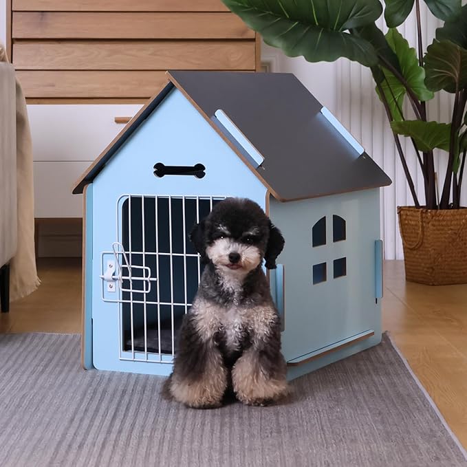 Dog House Indoor for Small Dogs or Cats, Cozy Wooden Design, Small Indoor Bed House, with Air Vents and Elevated Floor Warm Dog Cave (Large Blue)