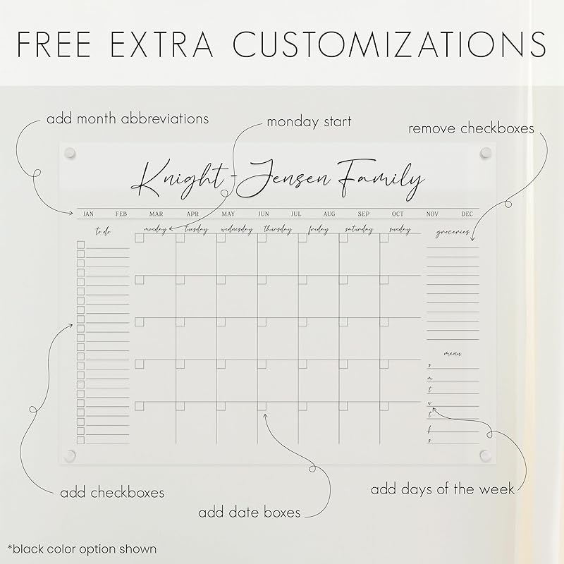 Personalized Clear Acrylic Calendar for Wall, Calendar Whiteboard for Wall, Dry Erase Wall Calendar, Wall Calendar Organizer System for Home (Cursive, Jade, 47.5"W x 36"H)