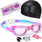 Kids Swim Goggles, Swimming Goggles for Kids Toddlers 3-14 with Swim Cap, Nose Clip, Nose Bridge, Ear Plugs