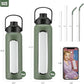 Kodrine Water Bottle with Straw, 24 oz Glass water Bottle with 2 Lids Bamboo Straw Lid and Spout Lid with Handle, 32 oz Clear Water Bottle Glass for Sports Travel, Waterbottle with Time Marker