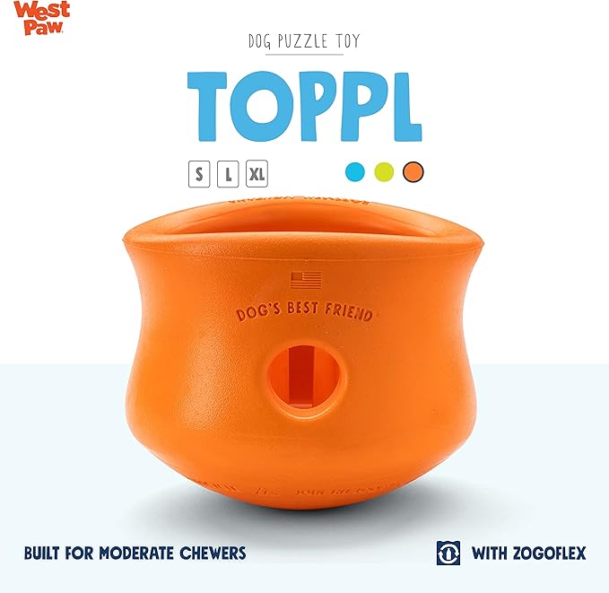 WEST PAW Zogoflex Toppl Treat Dispensing Dog Toy Puzzle – Interactive Chew Toys for Dogs – Dog Toy for Moderate Chewers, Fetch, Catch – Holds Kibble, Treats, X-Large, Tangerine