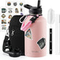 64 oz Insulated Water Bottle with Straw (Cold for 48 Hrs), Half Gallon Stainless Steel Triple Wall Vacuum Sports Water Jug, Leakproof Hydro Cup Flask with Straw Spout Lids & DIY Stickers