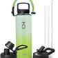 Trebo 40oz Water Bottle Insulated with Lid and Straw,Double Wall Vacuum Stainless Steel Metal Sports Flask with Paracord Handle, Keep Hot 24 Hours & Cold 48 Hours Water Jug with 3 Lids, Dark Green