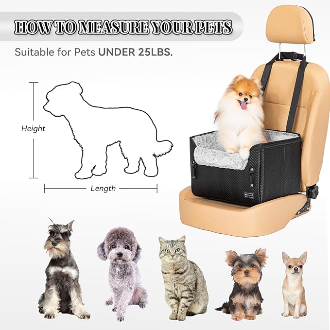 PETSFIT Small Dog Car Seat, Waterproof PU Leather Dog Carseat with Patent Safe Buckles, Clip-On Leash, Car Seat for Dogs, Cats Up to 25 lbs (Glossy Black)