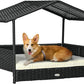 PawHut Wicker Dog House Outdoor with Canopy, Rattan Dog Bed with Water-Resistant Cushion, Raised Dog Bed for Small, Medium Dogs up to 66 lbs, 19.75" in Length, Black Wicker, White Cushion