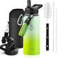 Insulated Water Bottle 32 oz, Triple Wall Vacuum Stainless Steel (Cold for 48 Hrs), Leak Proof & Non-BPA, Modern Water Flask Jug with Paracord Handle & Straw Spout Lids, Ombre Green