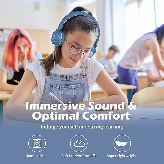 AILIHEN Kids Headphones, I35 On-Ear Headphones for School, Safe Volume 93dB, HD Mic Stereo Headphone for Kid Girls Boys, Foldable 3.5mm Wired for Chromebook, Laptop, Computer, Tablet (Blue)