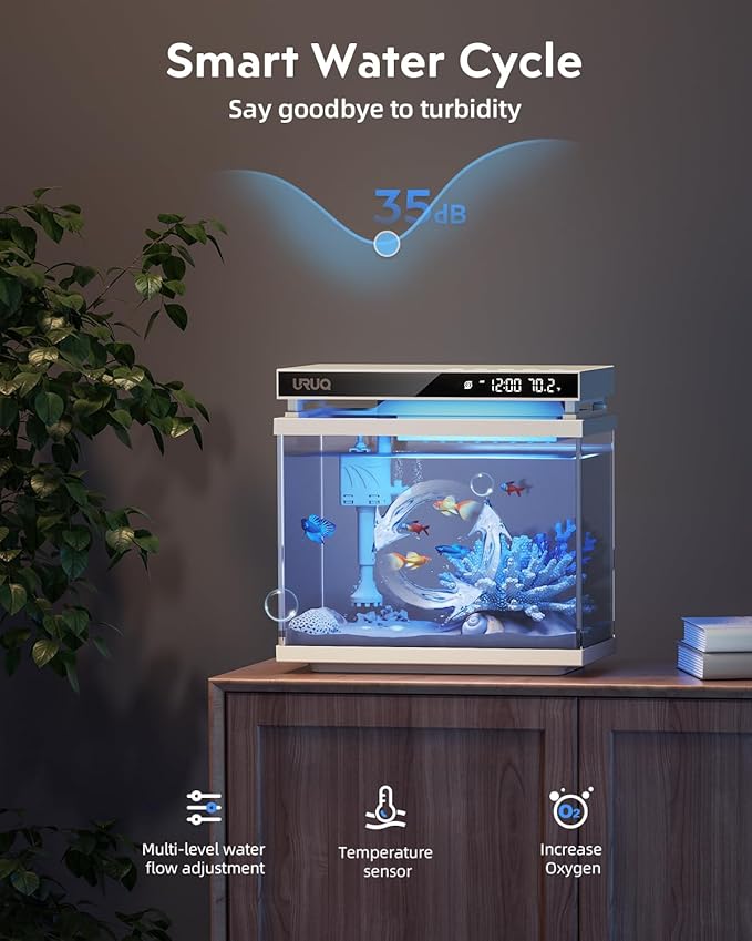 Fish Tank Smart Aquarium Kit: URUQ 2 Gallon Self Cleaning Multi-Layer Filtration System Silent Pump - UHD Glass 7-Color Lighting Temperature Monitoring - Fragrance Diffuser Humidifier White